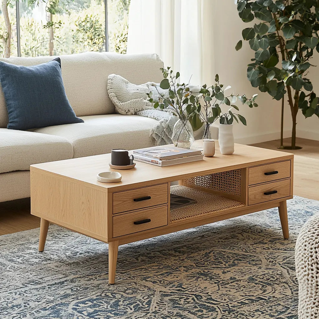 Scandinavian Wooden Coffee Table with rattan shelf and storage drawers.