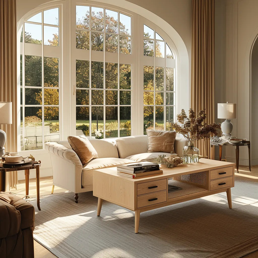 Scandinavian Wooden Coffee Table with rattan shelf and storage drawers.