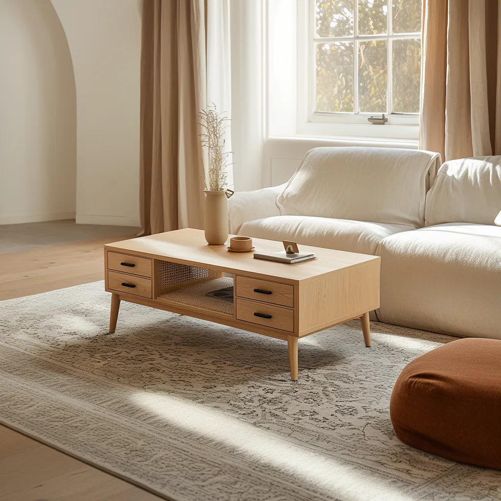 Scandinavian Wooden Coffee Table with rattan shelf and storage drawers.