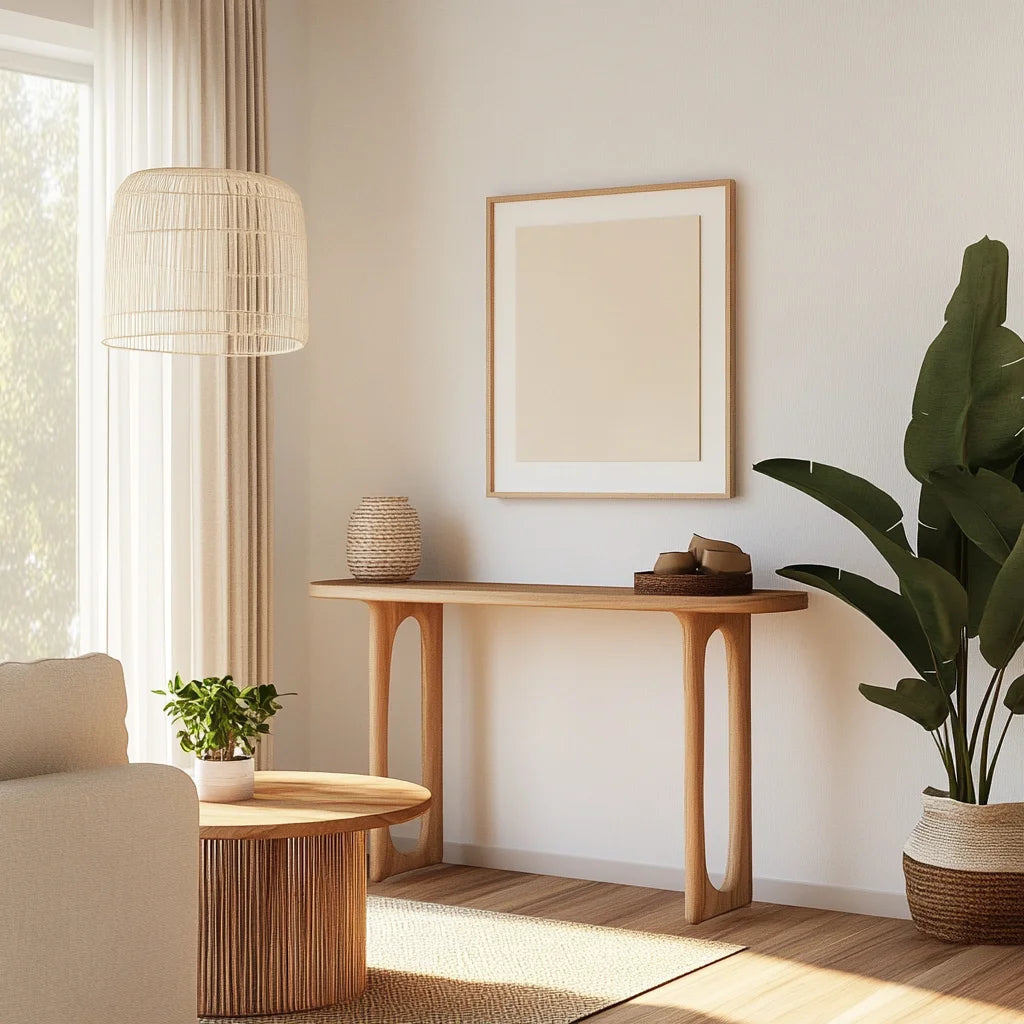 Sculpted Console Table with cut-out legs styled in a cozy modern living room