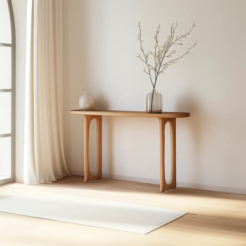 Sculpted Console Table with cut-out legs styled in a cozy modern living room