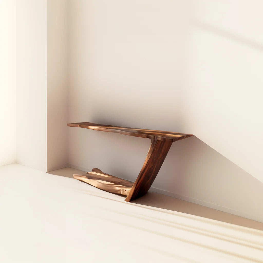 Sculptural console table with asymmetrical leg and open base in modern hallway
