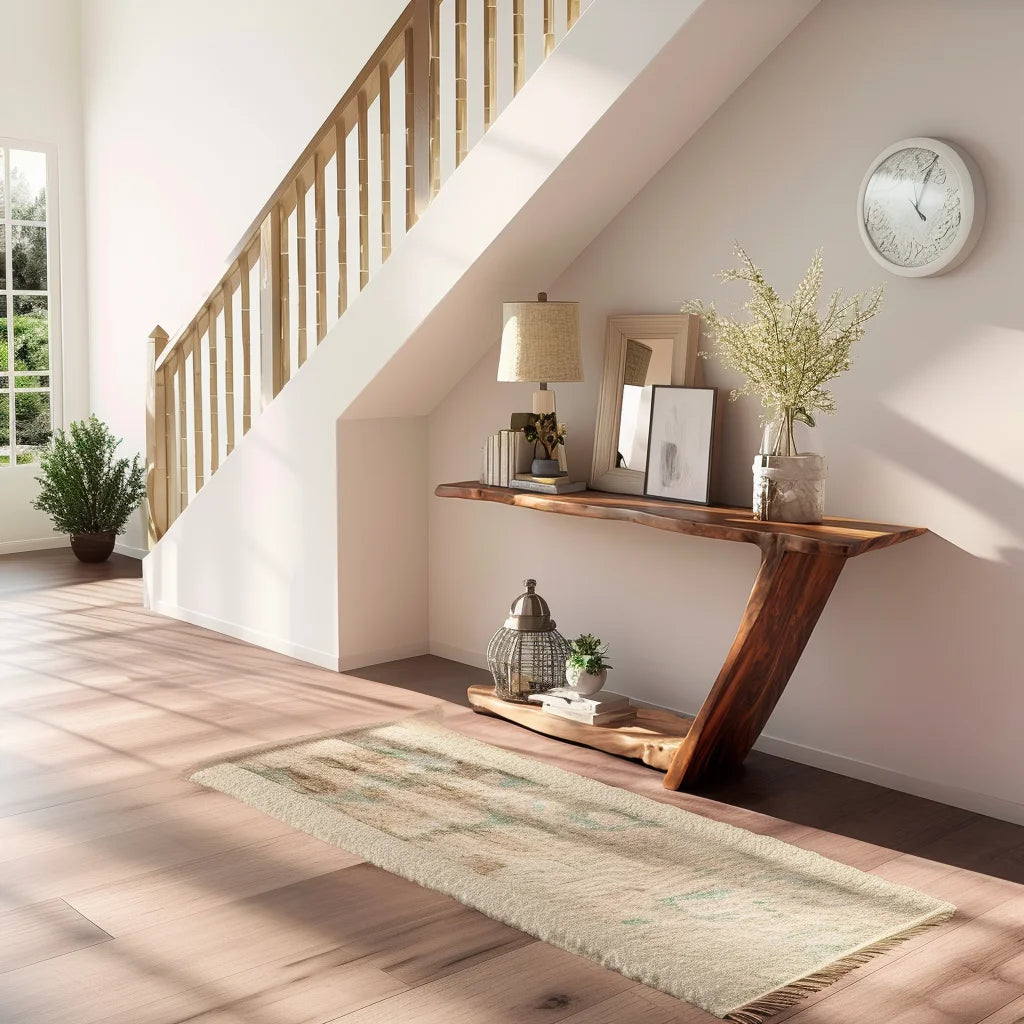 Sculptural console table with asymmetrical leg and open base in modern hallway