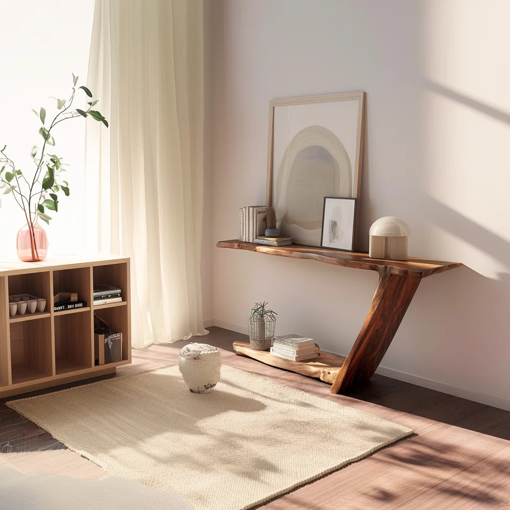 Sculptural console table with asymmetrical leg and open base in modern hallway