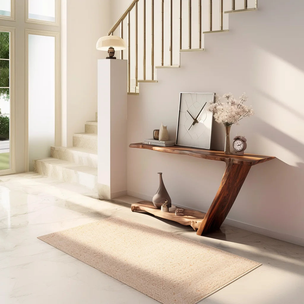 Sculptural console table with asymmetrical leg and open base in modern hallway