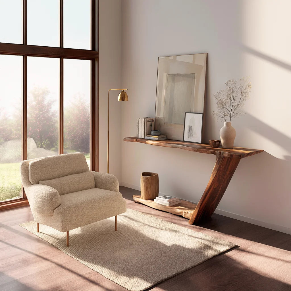 Sculptural console table with asymmetrical leg and open base in modern hallway