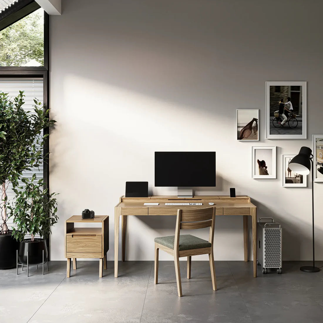 Smart Office Desk with built-in storage compartments and device slots in a modern workspace setting