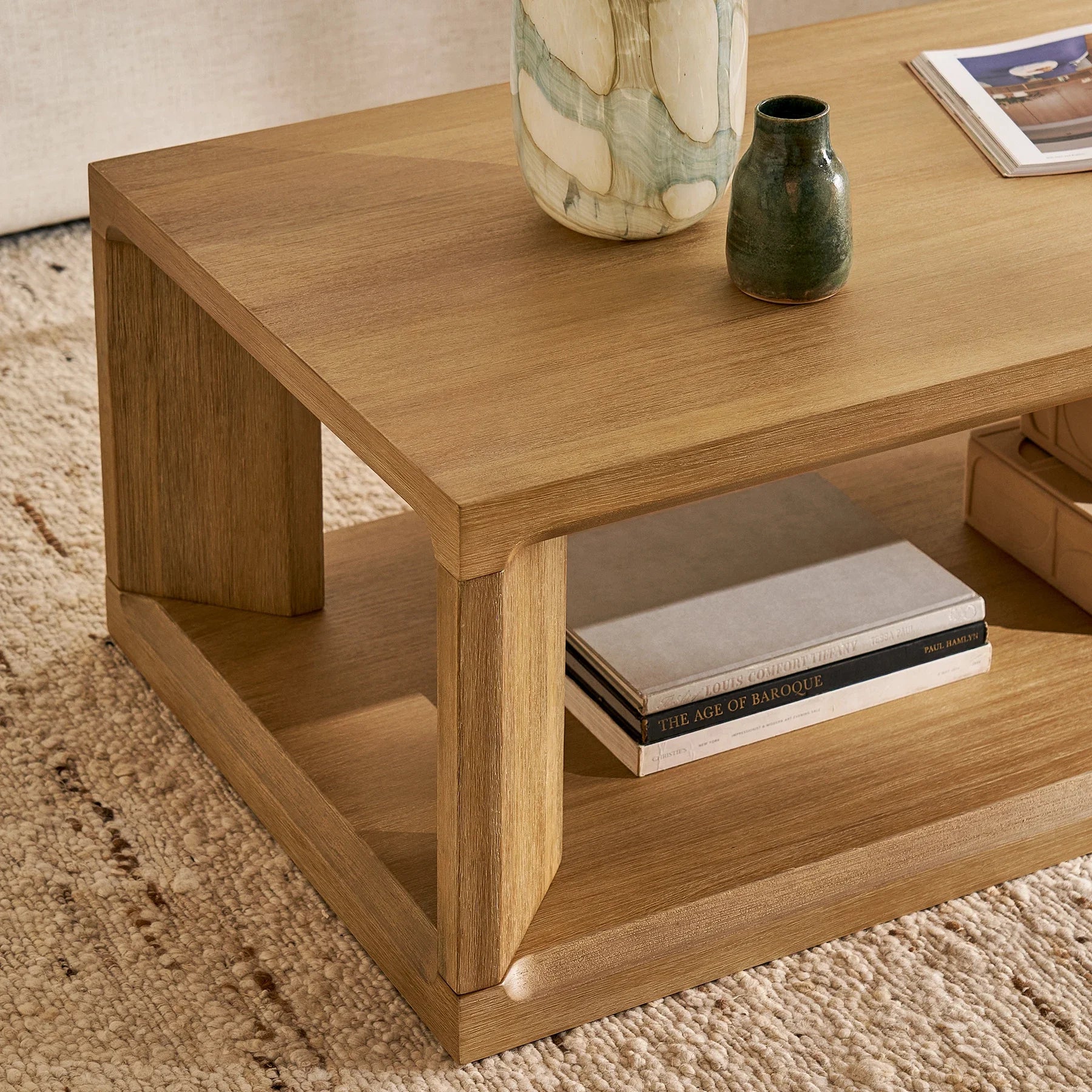 Spacious rectangular coffee table and lower storage shelf for a clutter free space