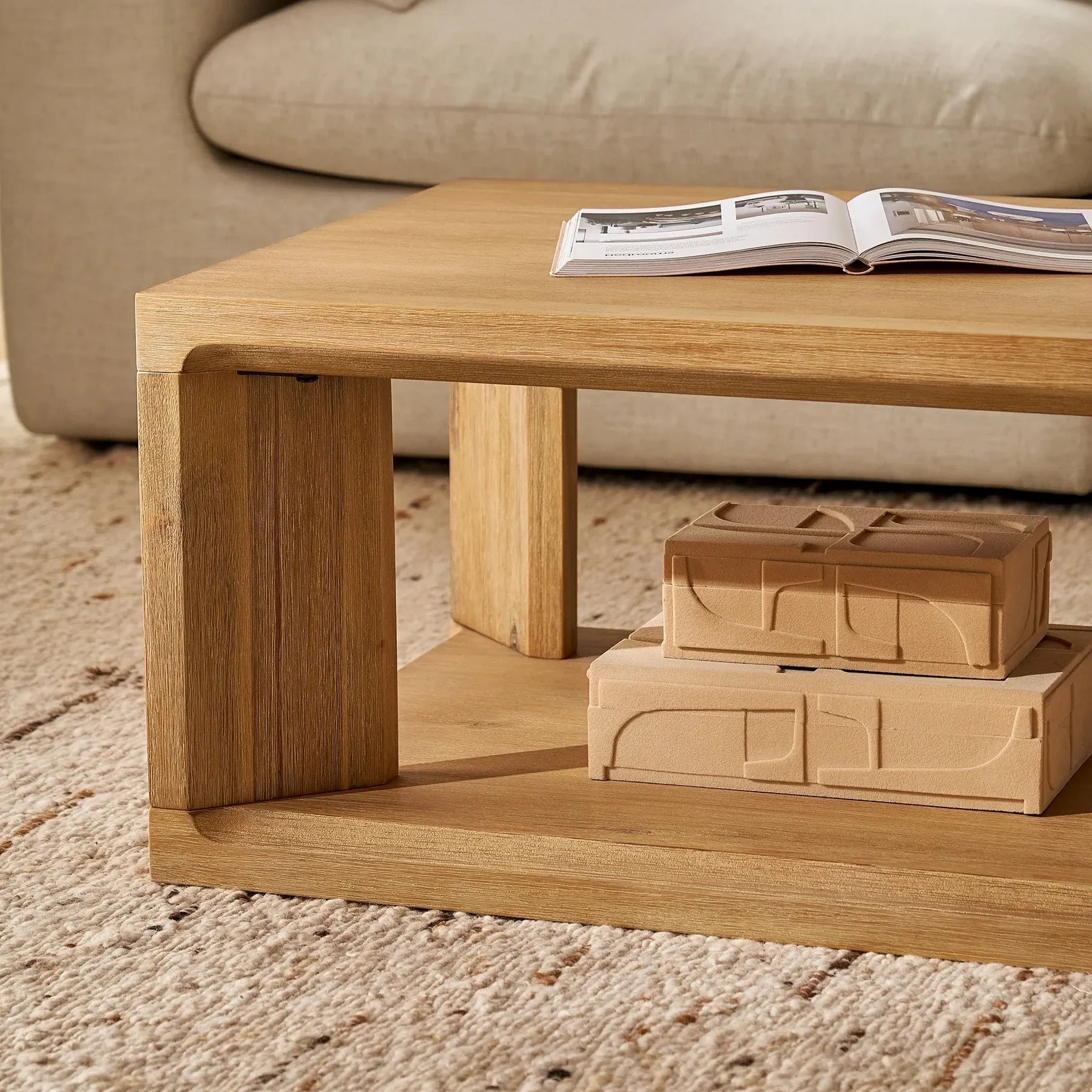Spacious rectangular coffee table and lower storage shelf for a clutter free space