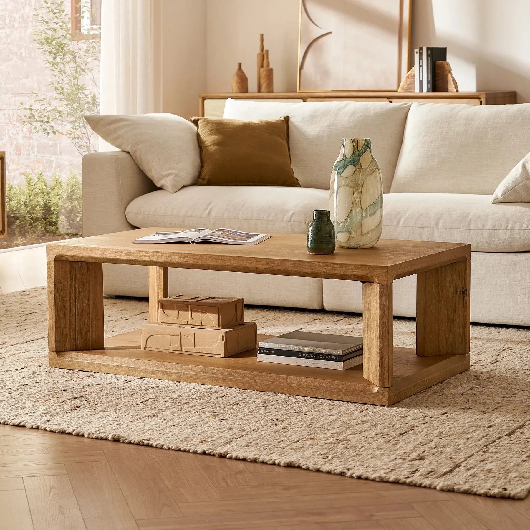 Spacious rectangular coffee table and lower storage shelf for a clutter free space