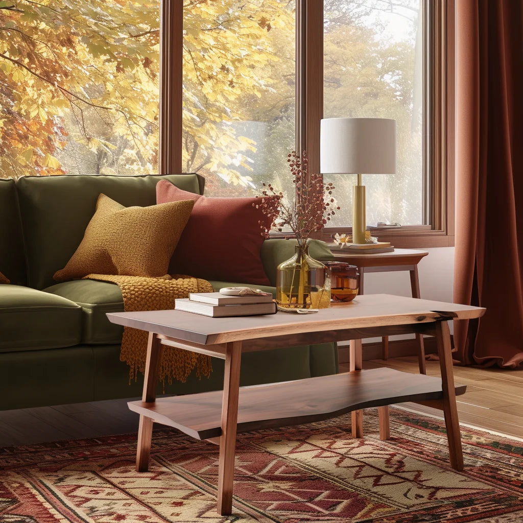 Split level coffee table styled near autumn window scene showing two-tiered design and warm tones