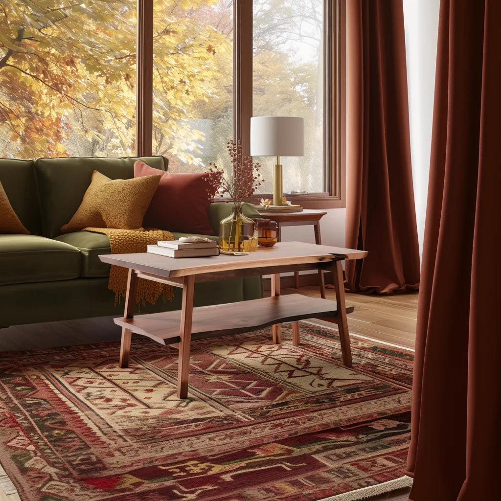 Split level coffee table styled near autumn window scene showing two-tiered design and warm tones