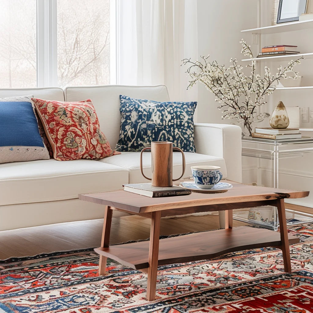 Split level coffee table styled near autumn window scene showing two-tiered design and warm tones