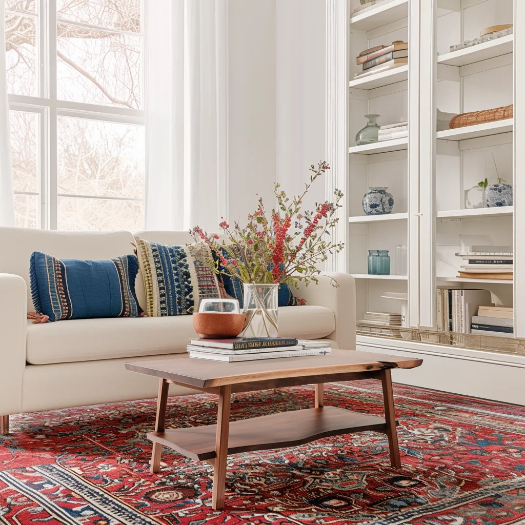 Split level coffee table styled near autumn window scene showing two-tiered design and warm tones