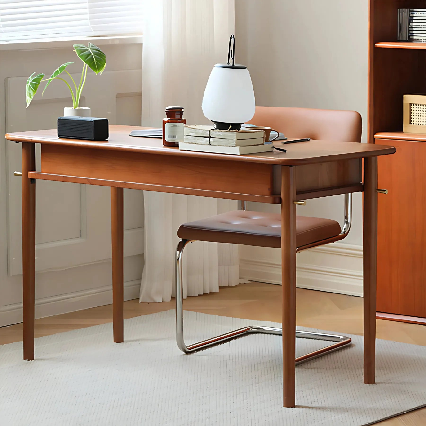 Stylish home office desk with drawer and open shelf.