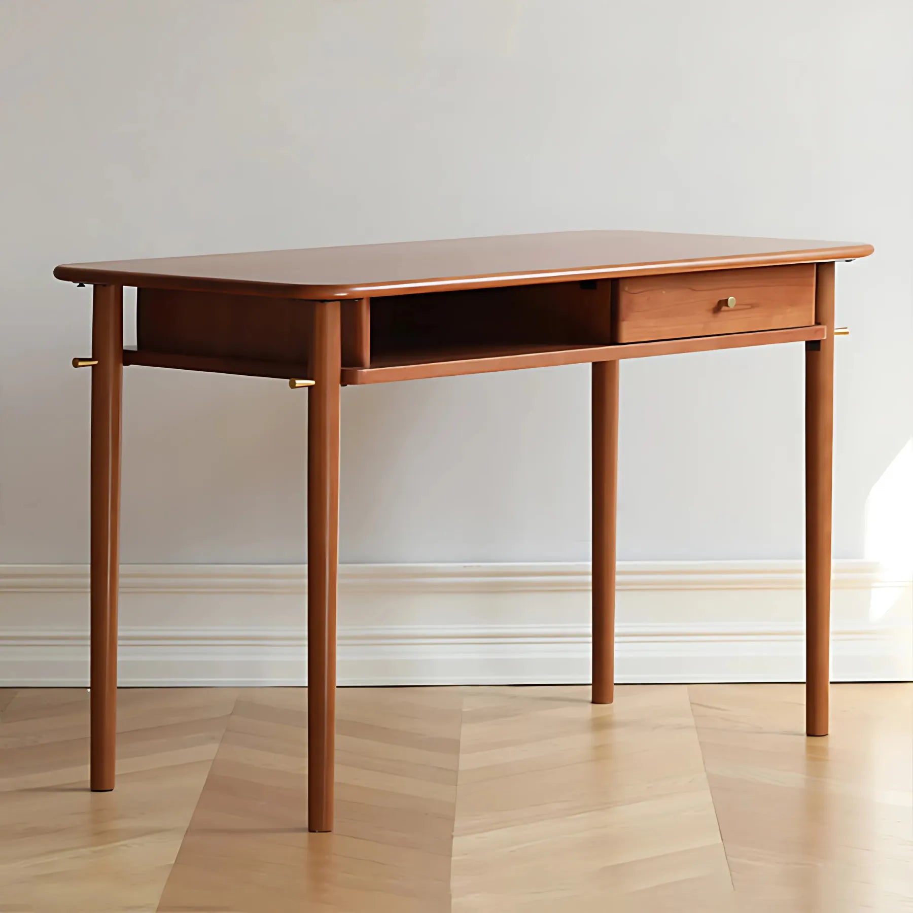 Stylish home office desk with drawer and open shelf.