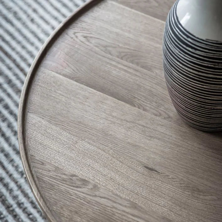 Timeless Round Coffee Table with raised edges and cross base