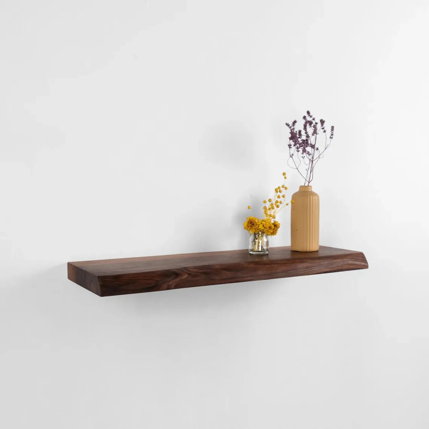 Wall mounted shelf natural edge floating design with decorative items