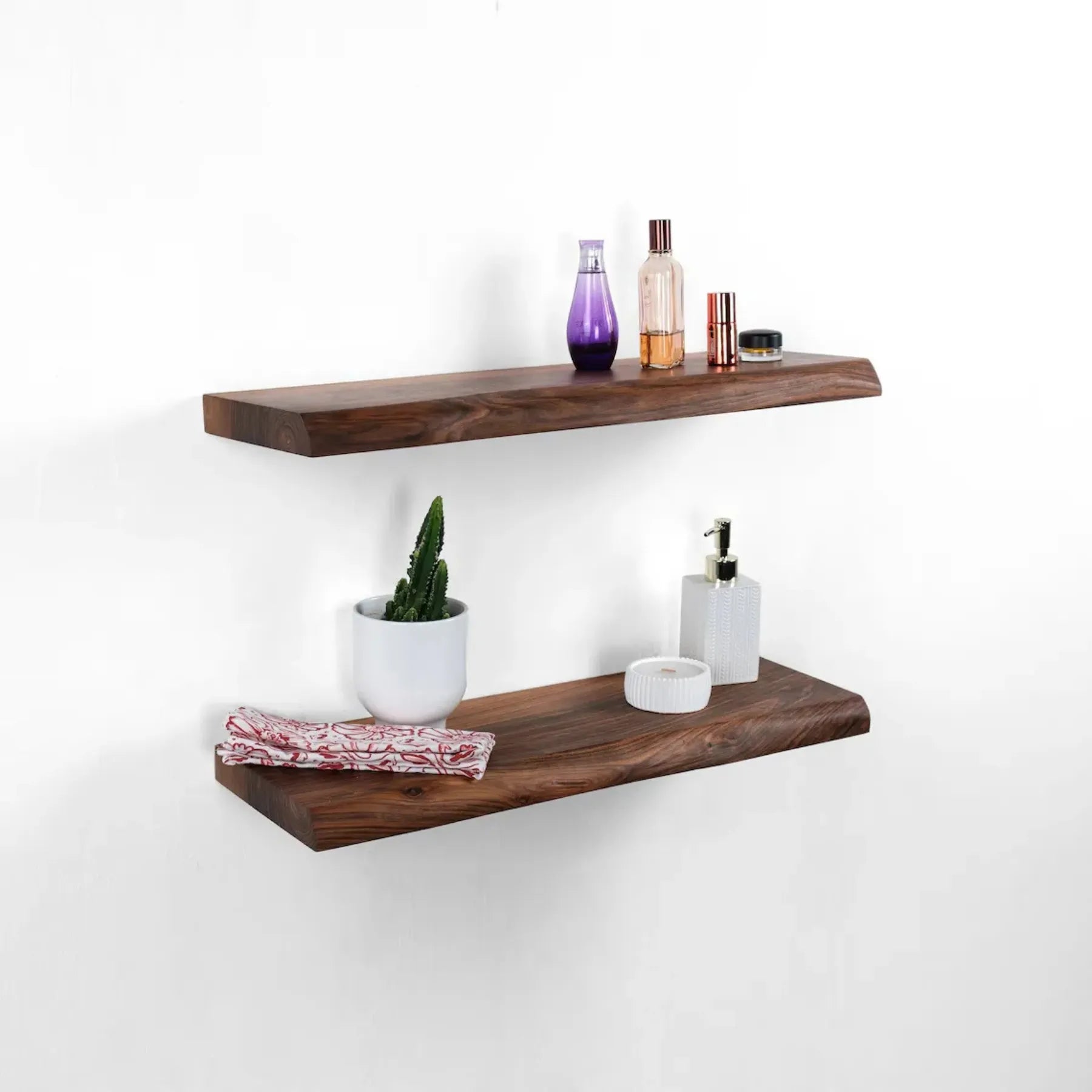 Wall mounted shelf natural edge floating design with decorative items