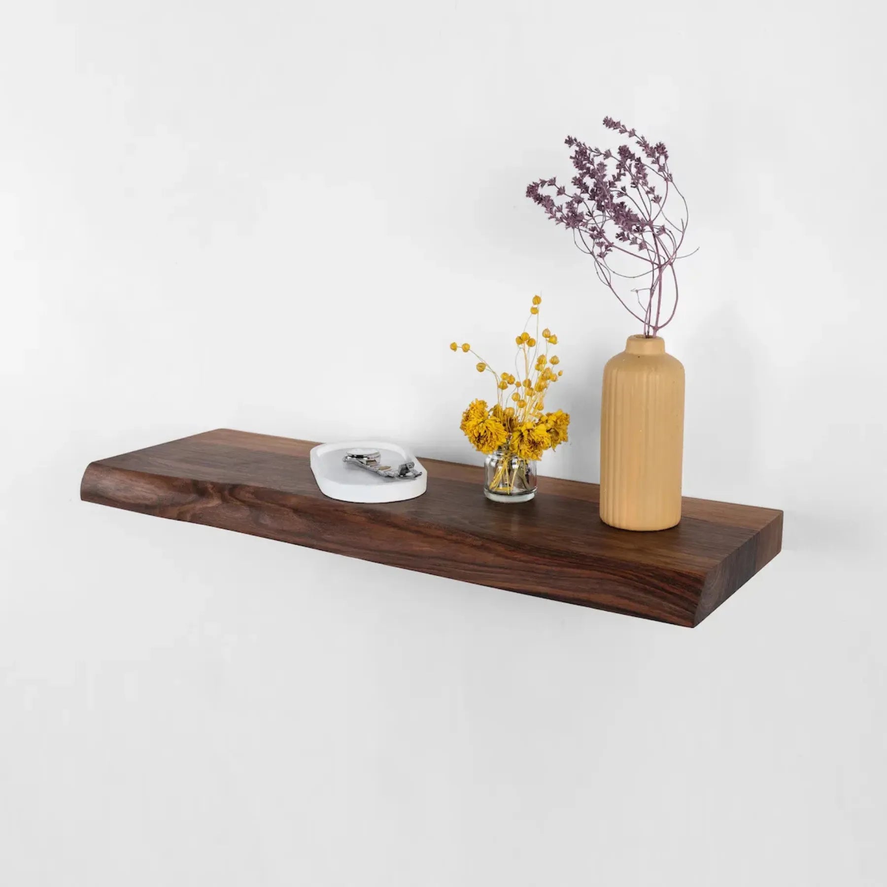 Wall mounted shelf natural edge floating design with decorative items