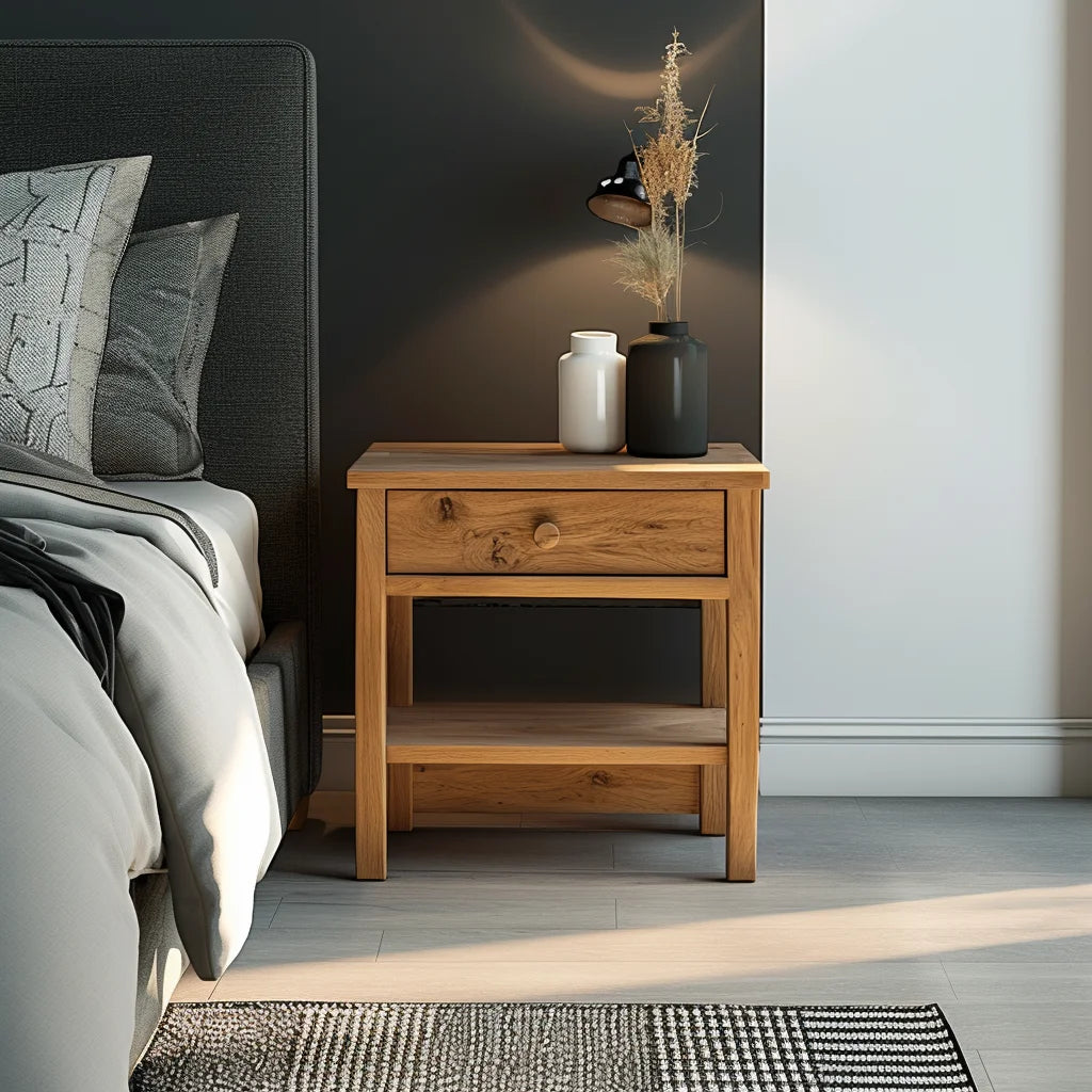 Rustic Wooden Nightstand Single Drawer Open Shelf Design
