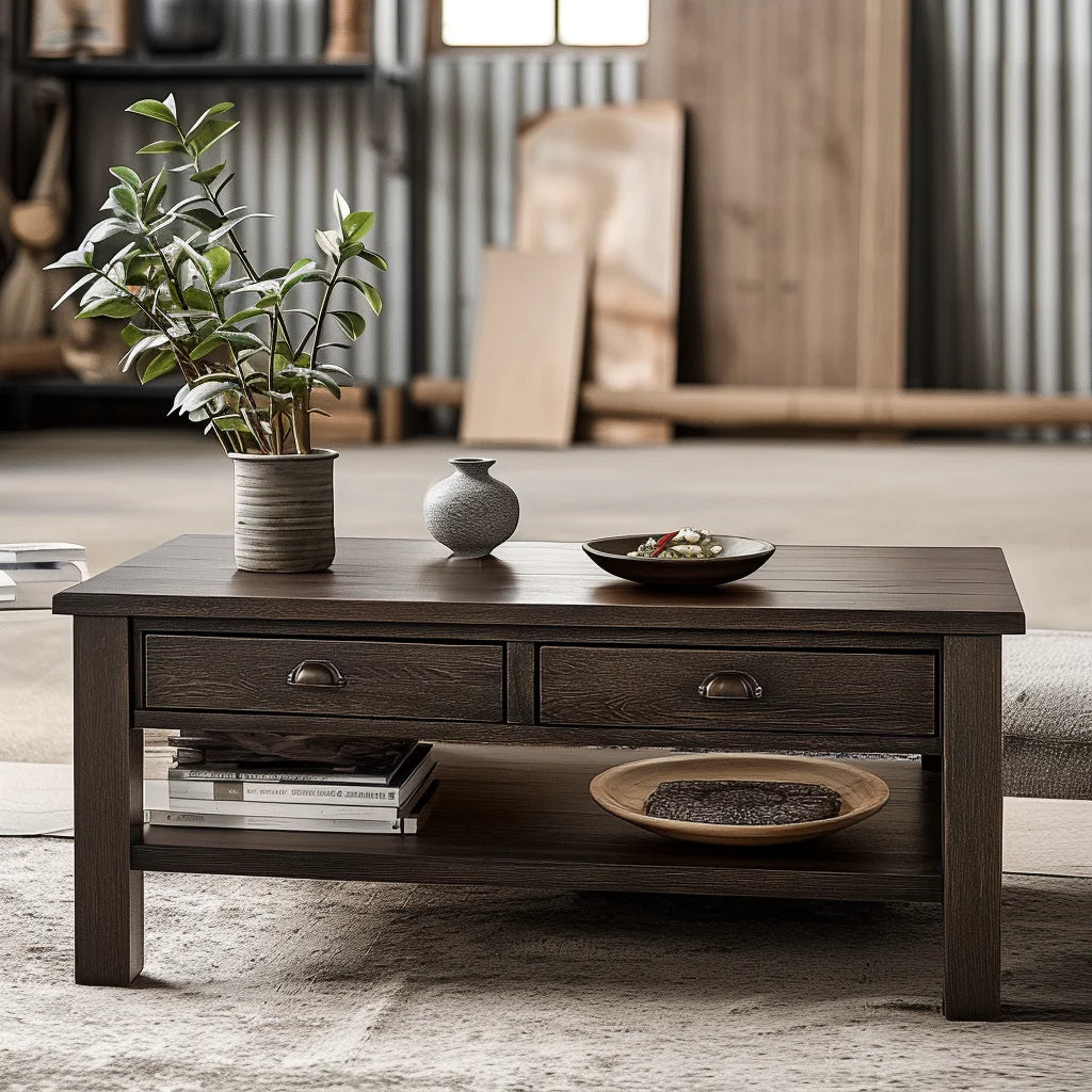 Rustic Wooden Coffee Table Storage Shelf Drawers