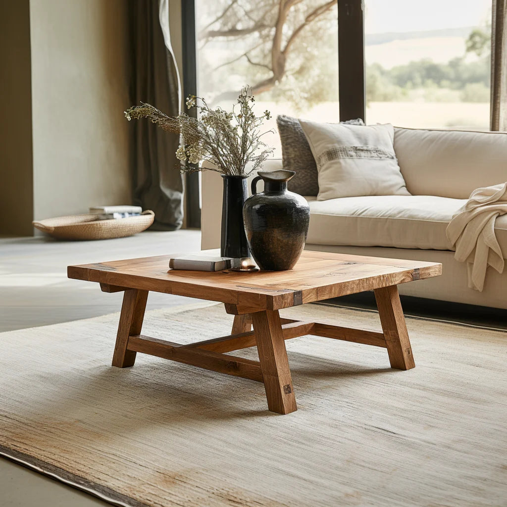 Rustic Wooden Coffee Table Natural Finish Sturdy Design
