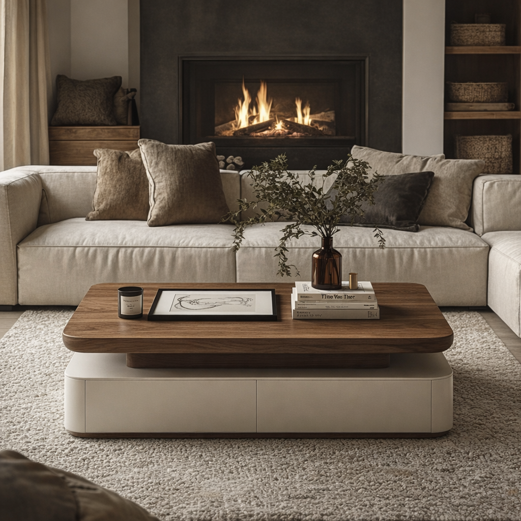 Modern Low Profile Coffee Table With Rounded Rectangle Top And Hidden ...