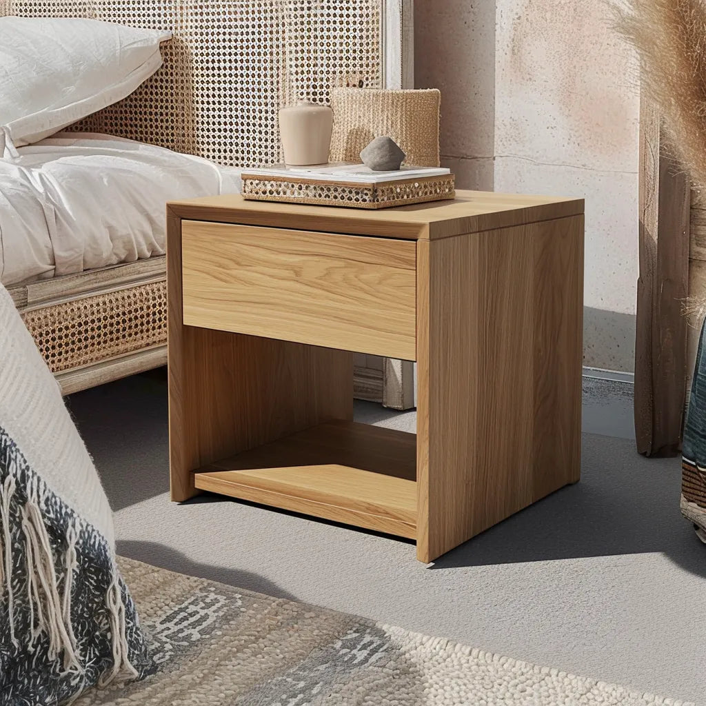 Contemporary nightstand storage single drawer open shelf sleek minimalist design