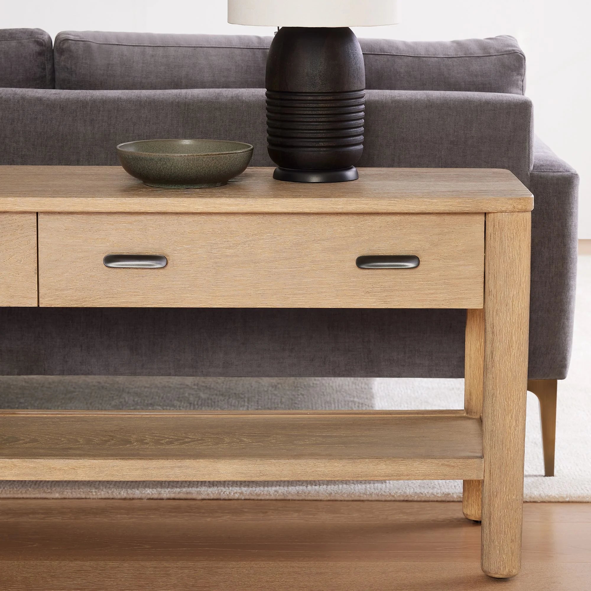 Console Table Storage Drawers Open Shelf Design