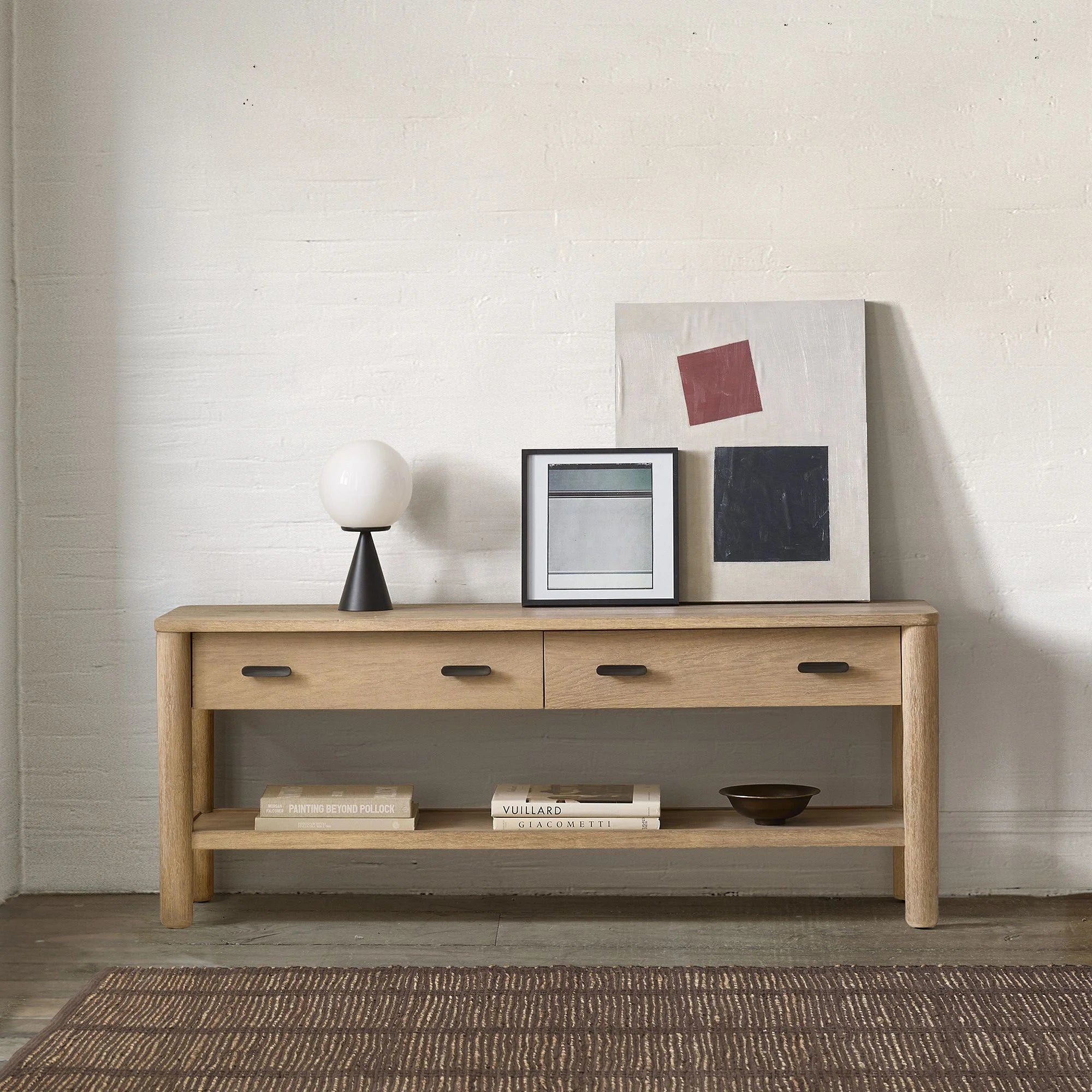 Console Table Storage Drawers Open Shelf Design