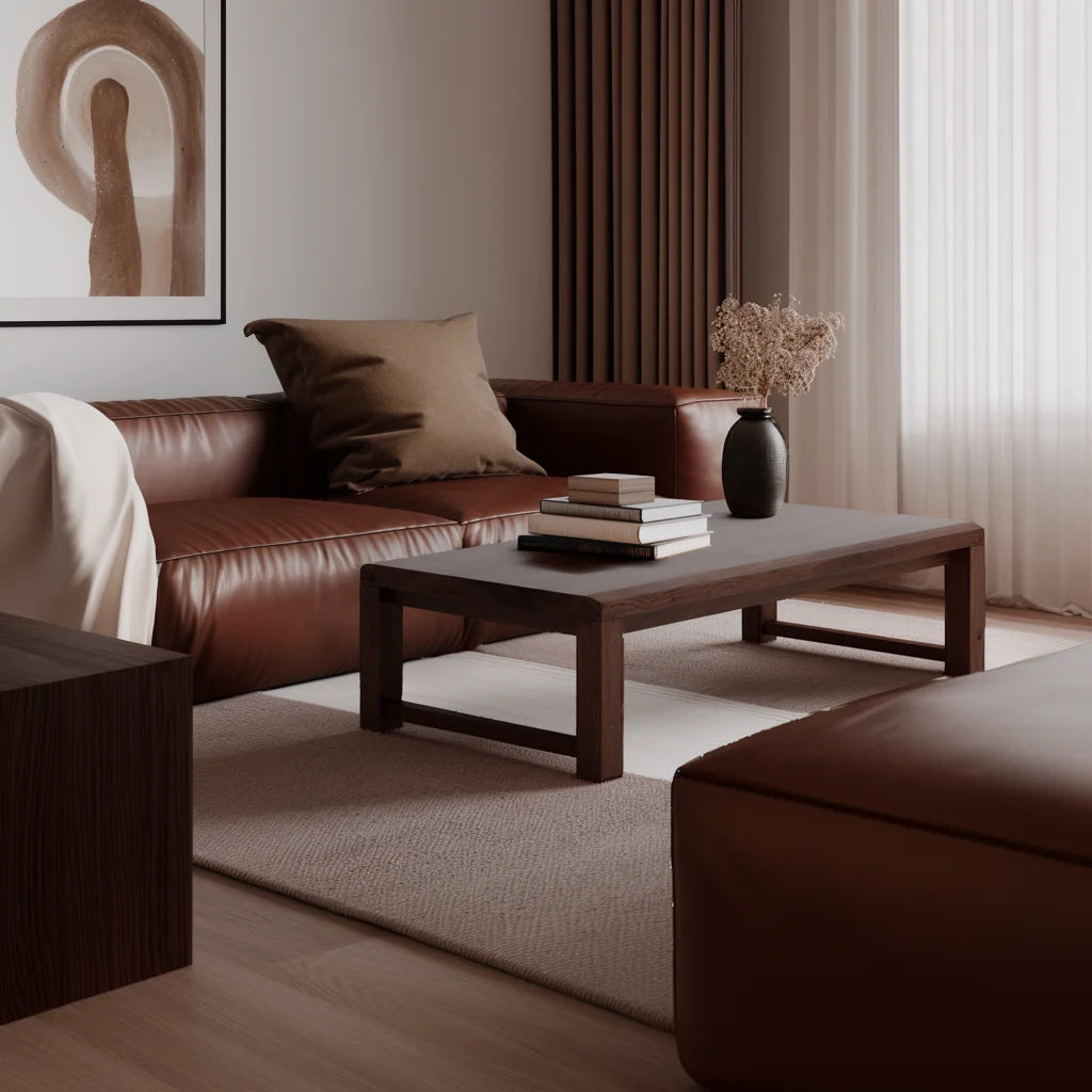 Low profile center table styled in modern living room setting