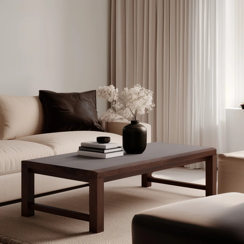 Low profile center table styled in modern living room setting