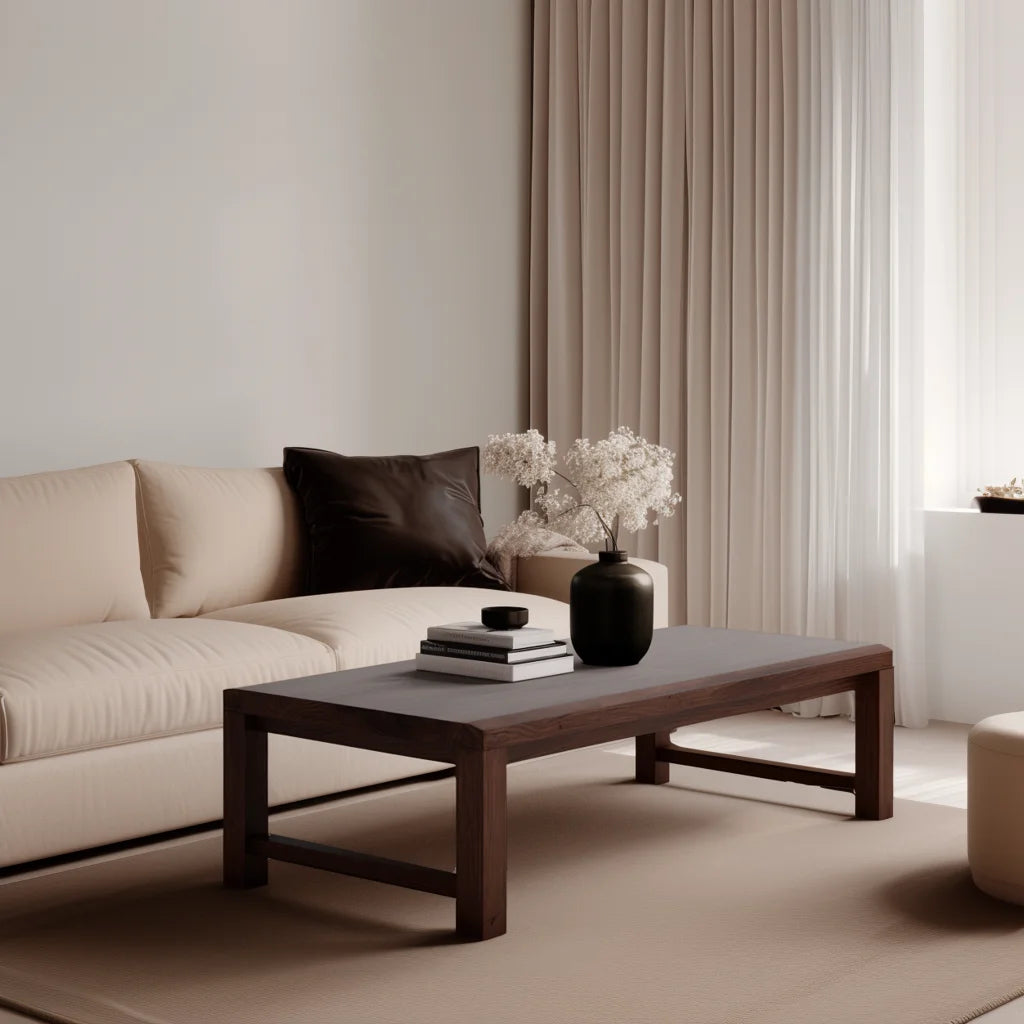 Low profile center table styled in modern living room setting