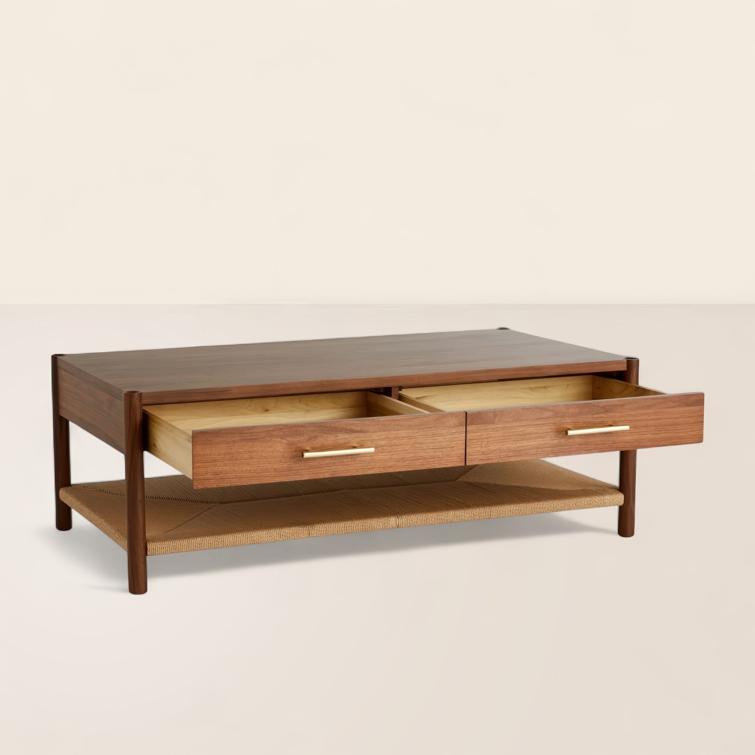 Mid Century Storage Coffee Table Woven Shelf Natural Aesthetic