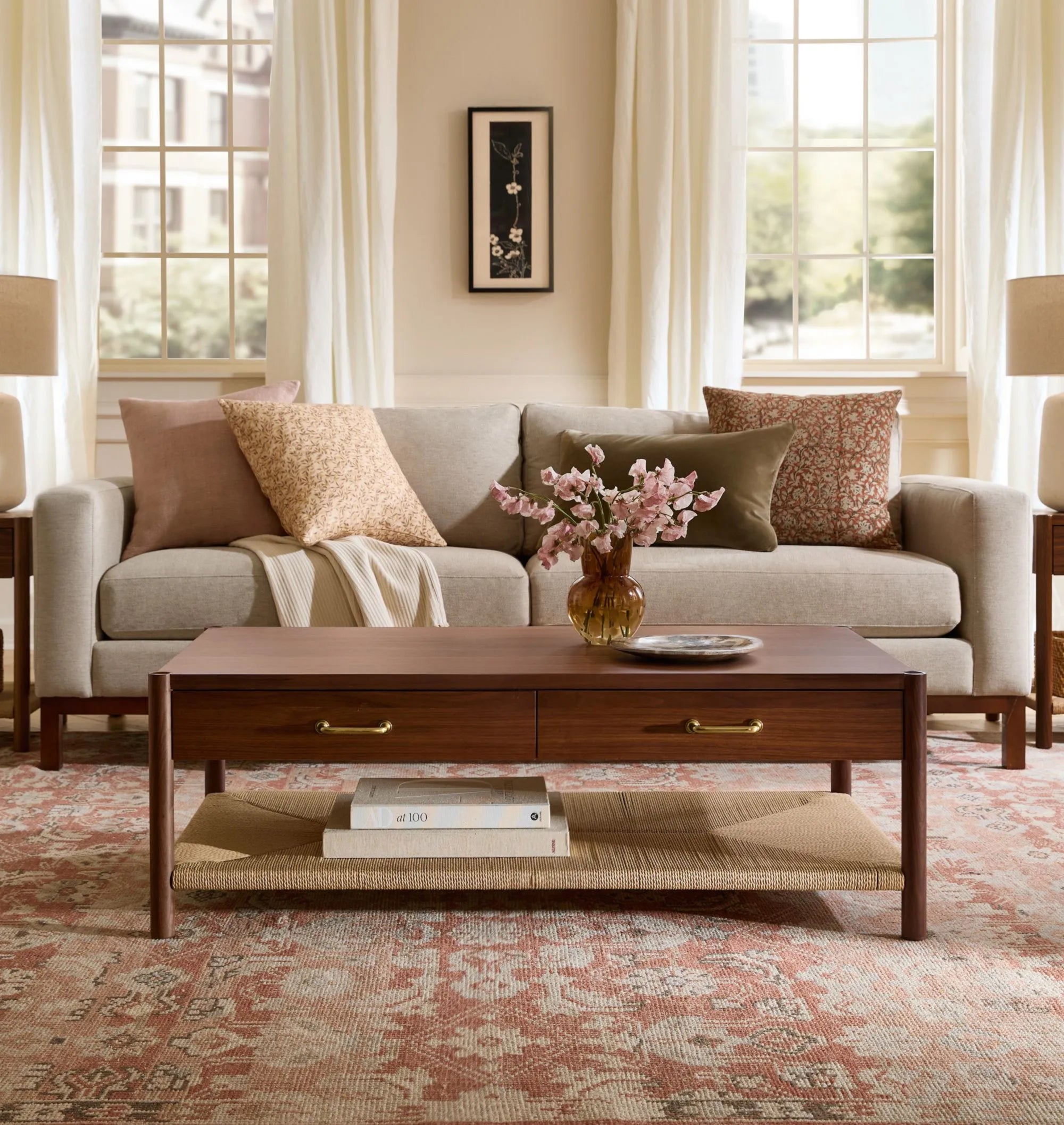 Mid Century Storage Coffee Table with woven shelf and brass handles