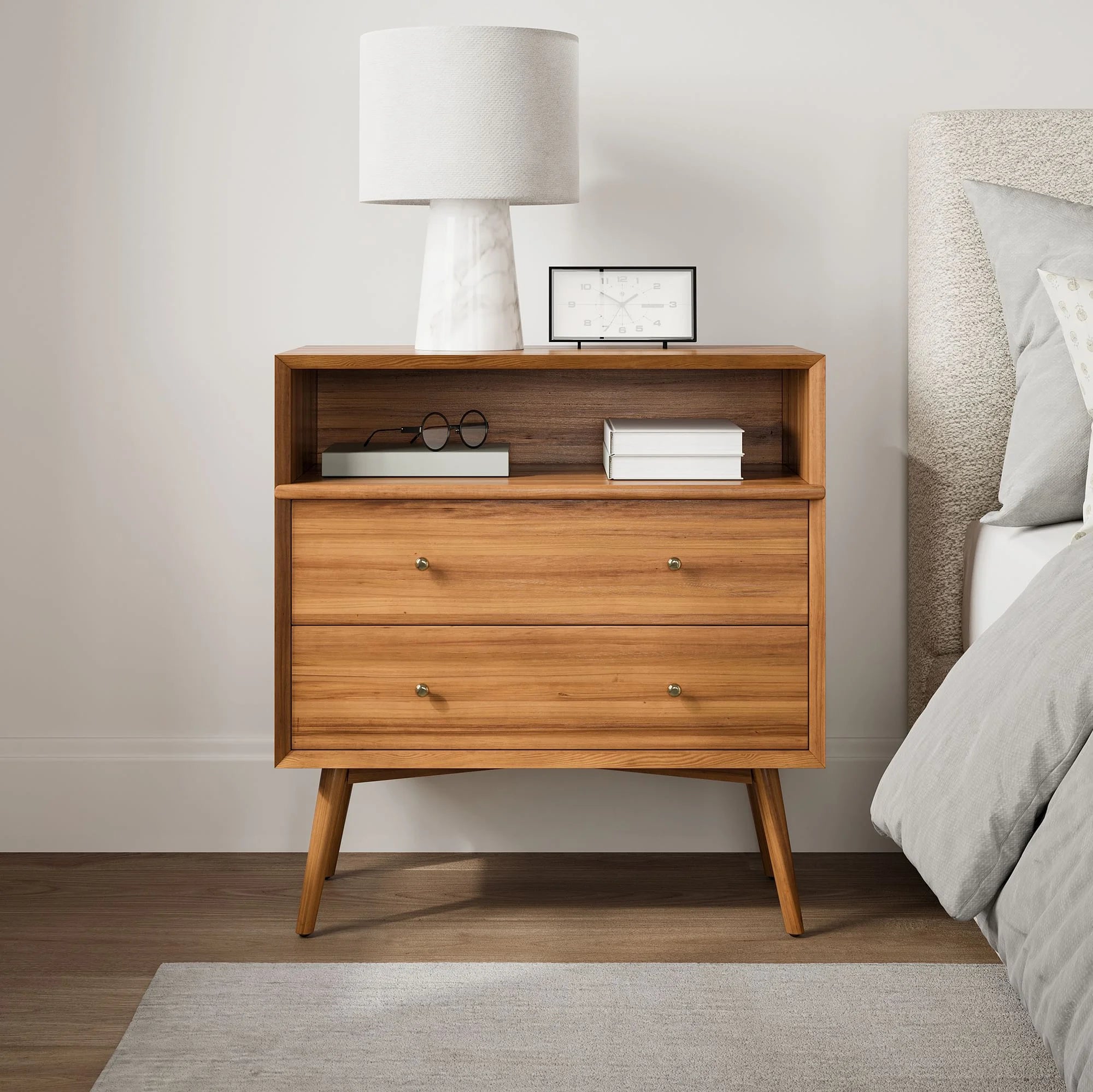 Mid-Century Wooden Storage Table with open shelf and drawers