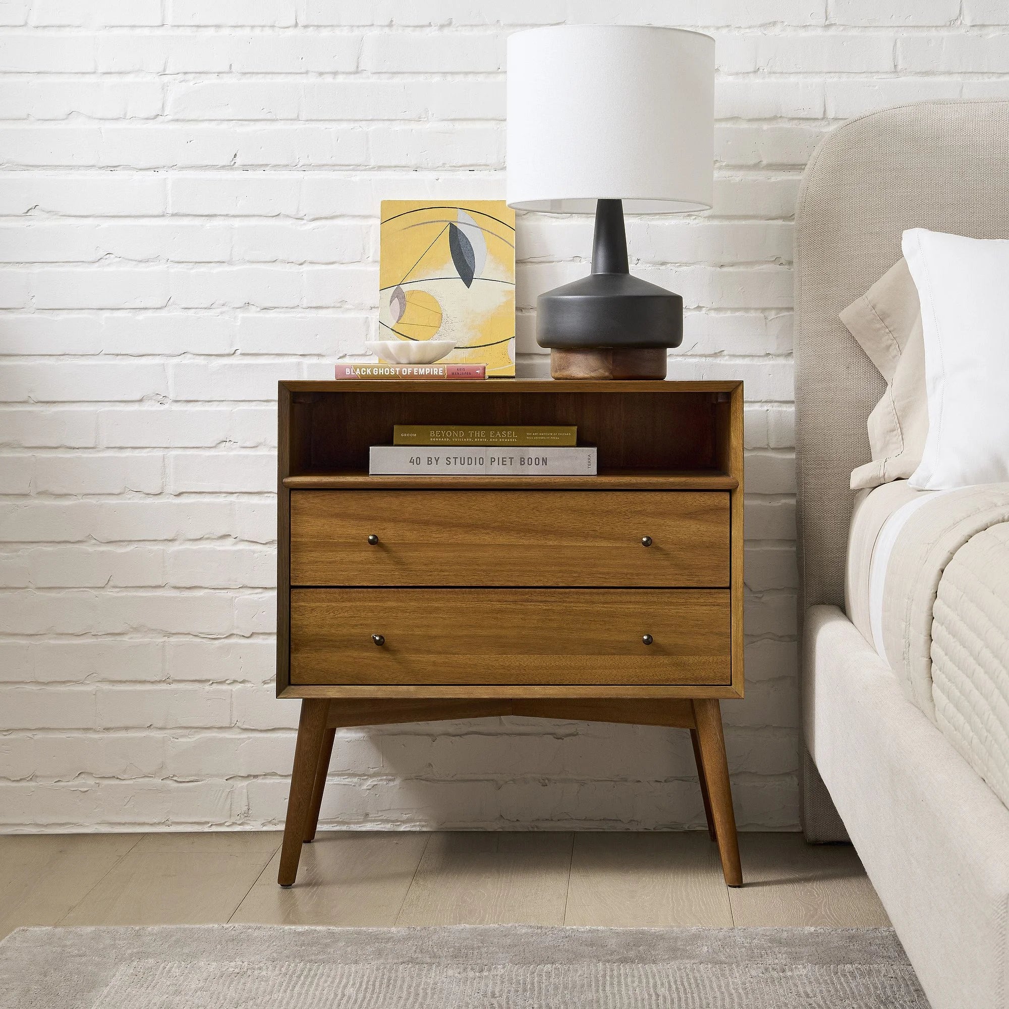 Mid-Century Wooden Storage Table with open shelf and drawers