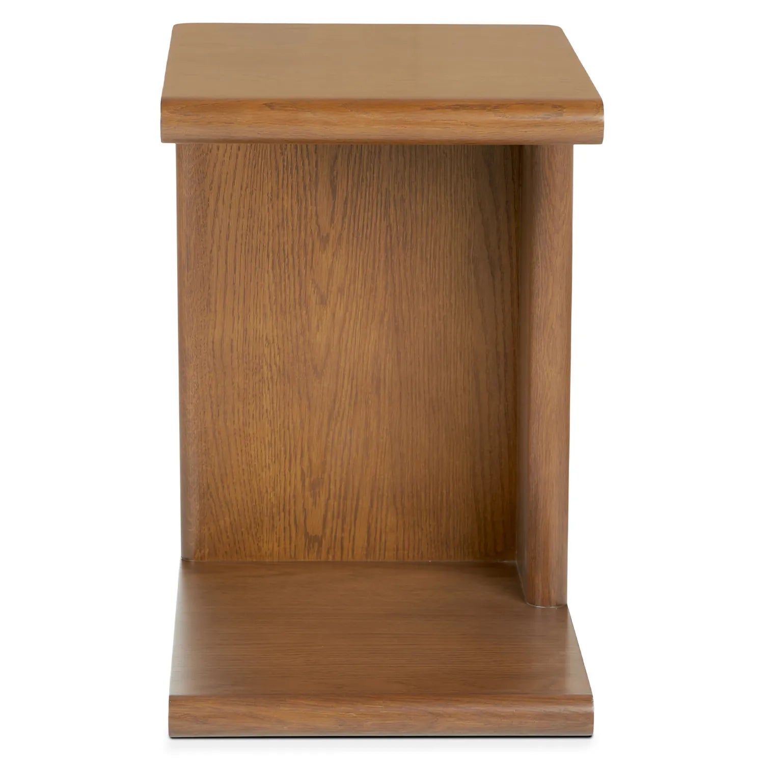 Modern C shaped side table with open base and curved edges perfect for small living spaces