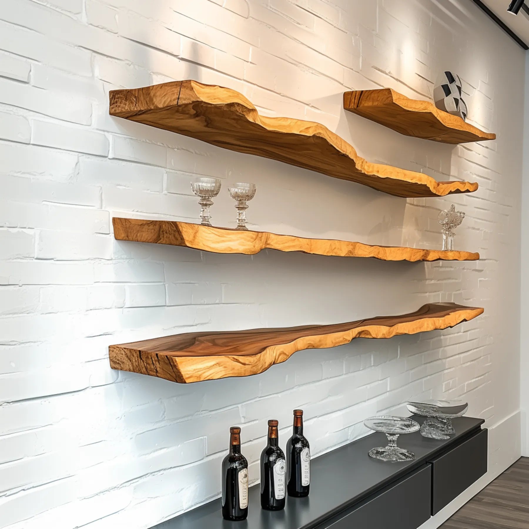 Natural Edge Floating Shelf mounted on white brick wall featuring décor and collectibles