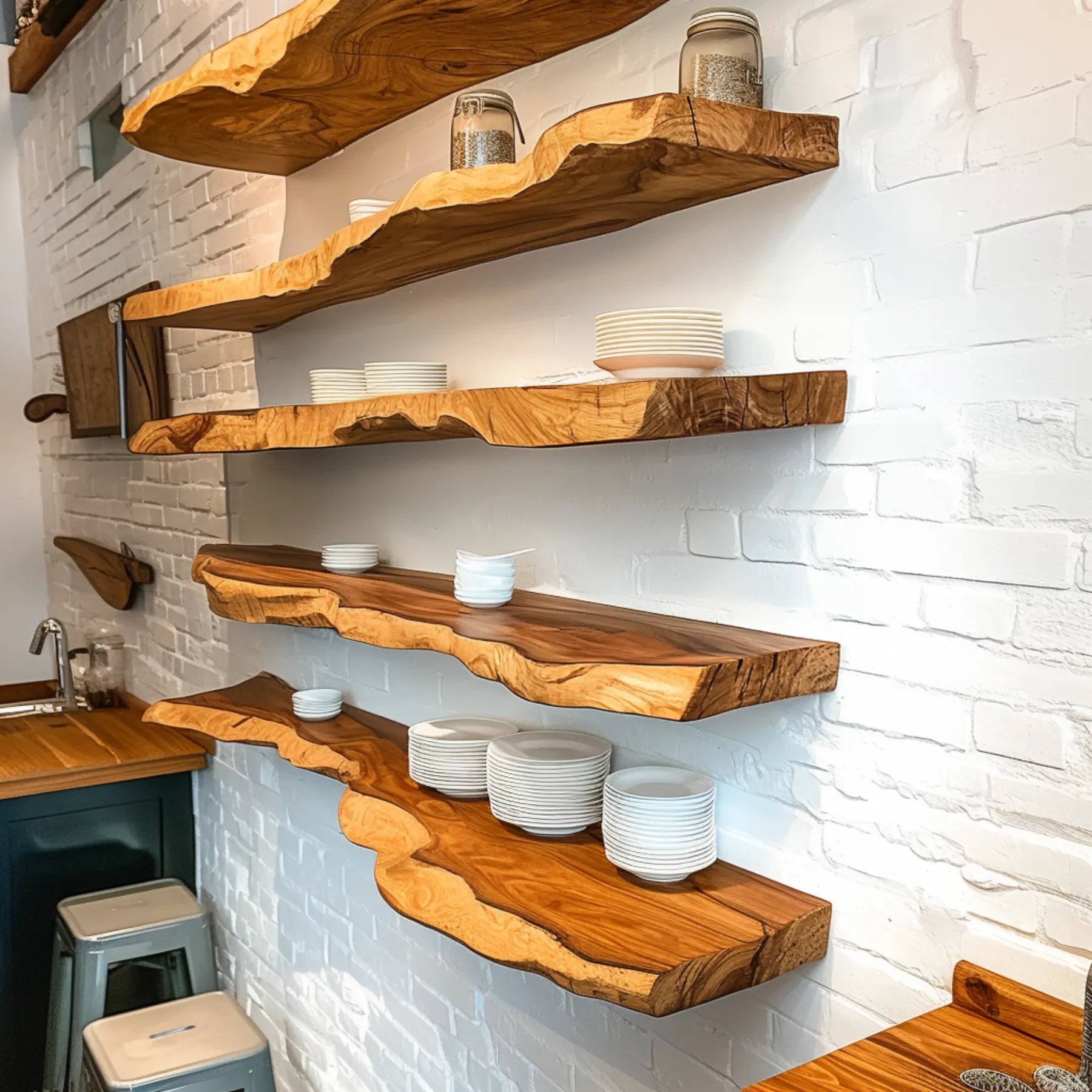 Natural Edge Floating Shelf mounted on white brick wall featuring décor and collectibles