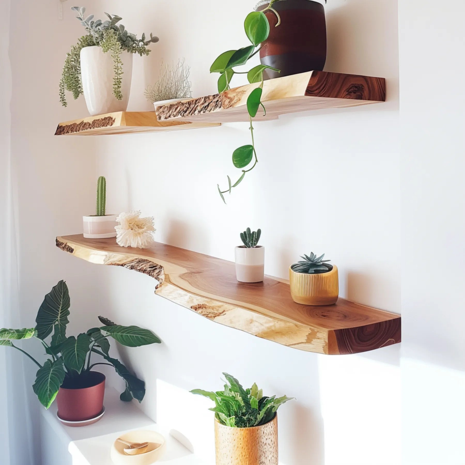Natural Live Edge Floating Shelf mounted on a white wall decorated with plants ornaments
