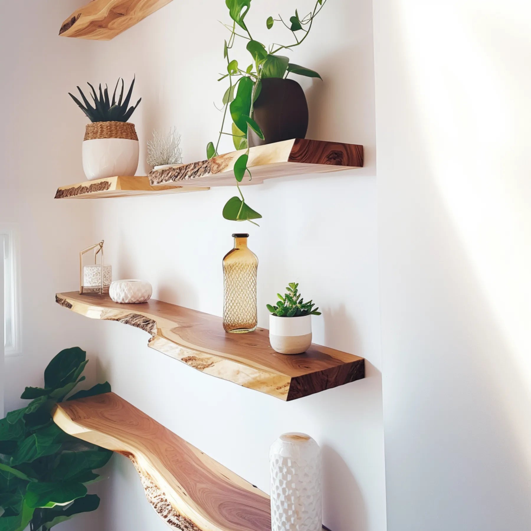 Natural Live Edge Floating Shelf mounted on a white wall decorated with plants ornaments