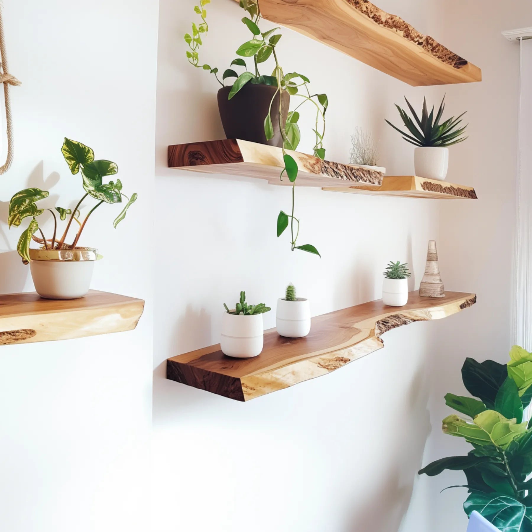 Natural Live Edge Floating Shelf mounted on a white wall decorated with plants ornaments