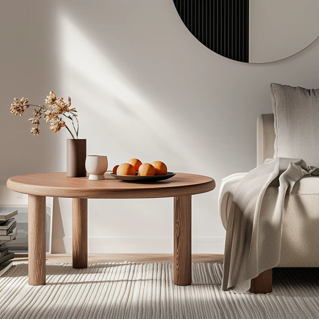 Natural Round Coffee Table with a wooden grain finish