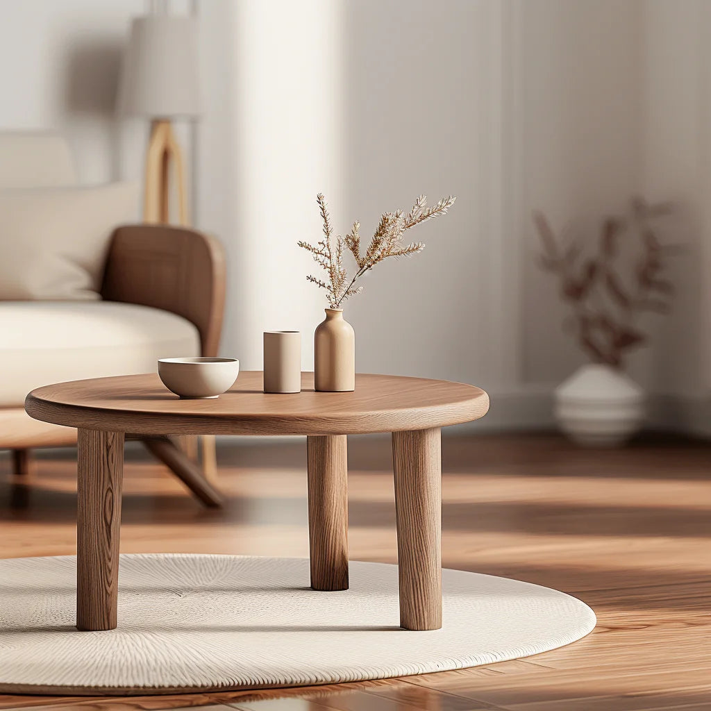 Natural Round Coffee Table with a wooden grain finish