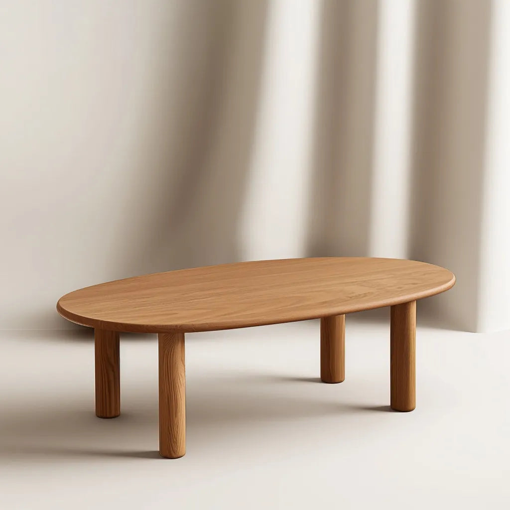 Oval Wooden Coffee Table with rounded edges and natural wood finish.