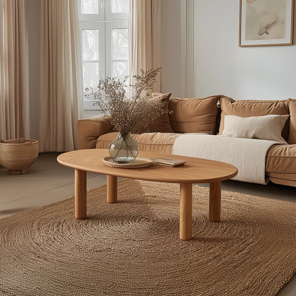 Oval Wooden Coffee Table with rounded edges and natural wood finish.