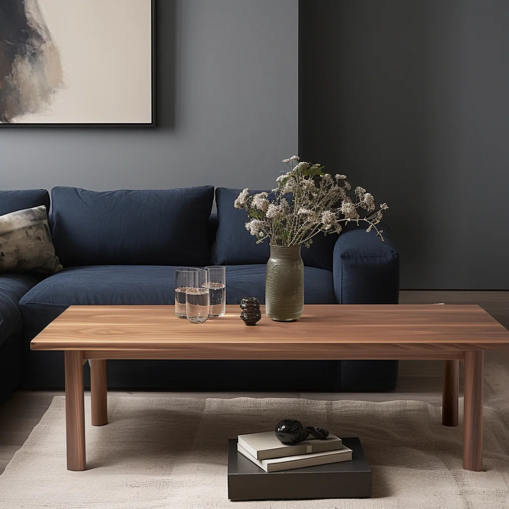 Refined coffee table with smooth edges and minimalist design in a dark blue modern living room