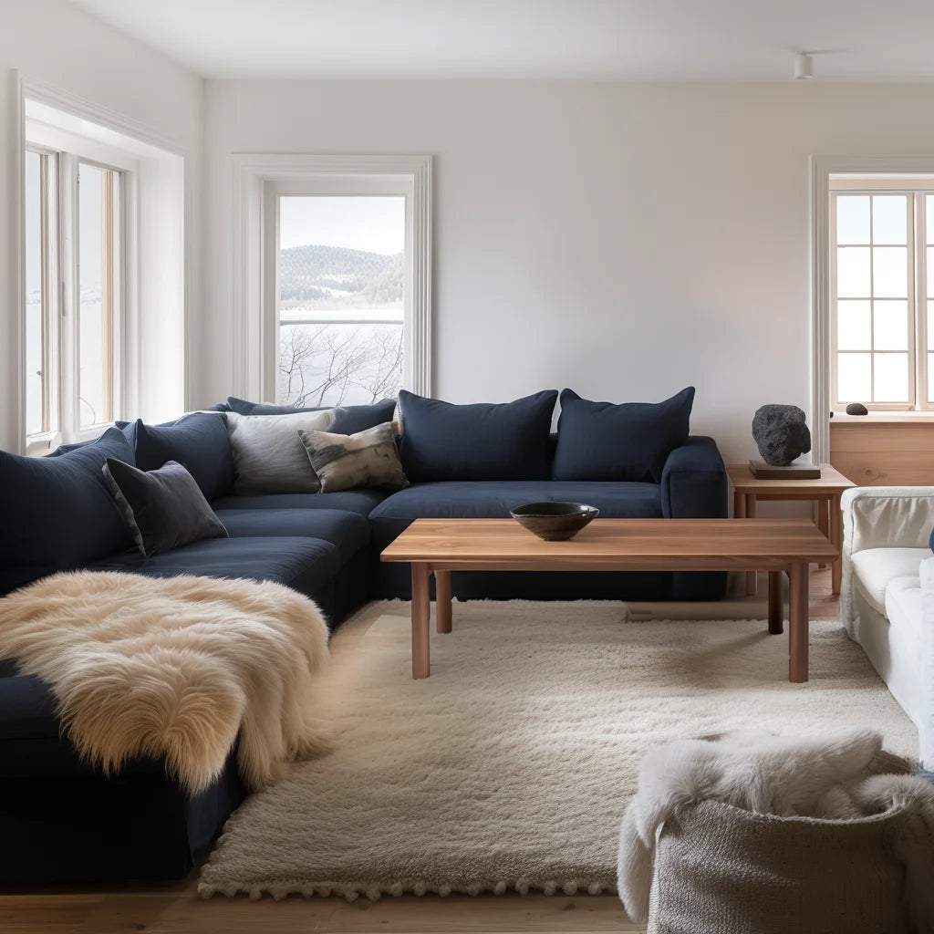 Refined coffee table with smooth edges and minimalist design in a dark blue modern living room